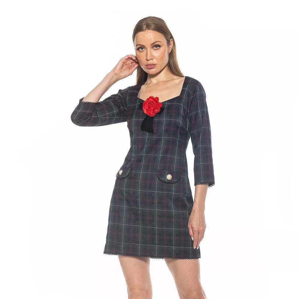 Women's ALEXIA ADMOR Dianys Plaid Princess Neckline Shift Mini Dress, Size: 4, Green Plaid Product Image