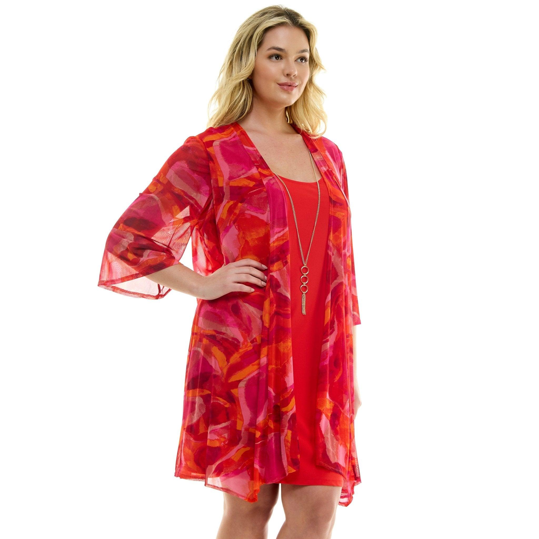 Sara Michelle Floral 3/4 2Fer Duster W/ Necklace And Elastic Pull On Pant - Plus Product Image