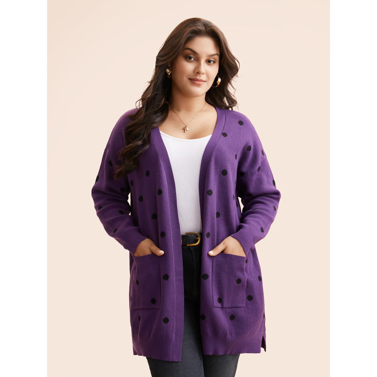 Plus Size Polka Dot Kimono Collar Patch Pocket Cardigan Deeppurple Women Casual Loose Long Sleeve Everyday Cardigans BloomChic 30/6X Product Image