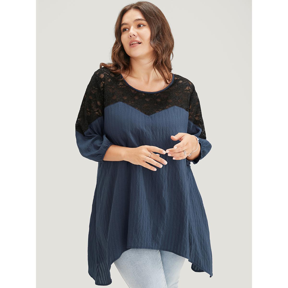 Plus Size Indigo Plain Contrast Lace Asymmetrical Lantern Sleeve Blouse Women Elegant Elbow-length sleeve V-neck Dailywear Blouses BloomChic 18-20/2X Product Image