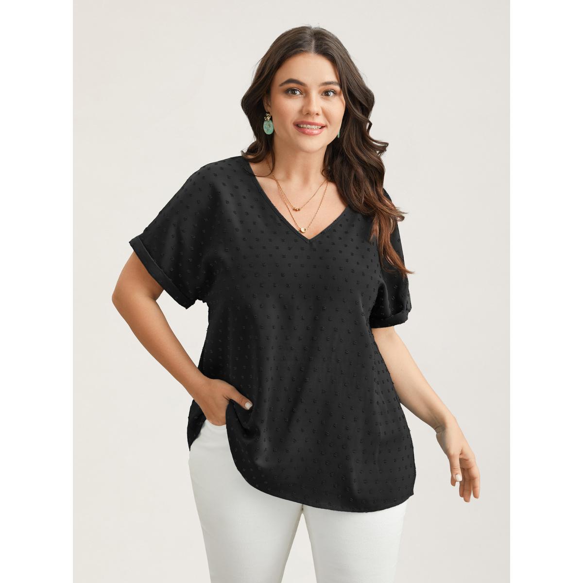Plus Size Black Back-Button Textured V-Neck Shirt Women Timeless Short sleeve V-neck Elegant Blouses BloomChic 28/5X Product Image