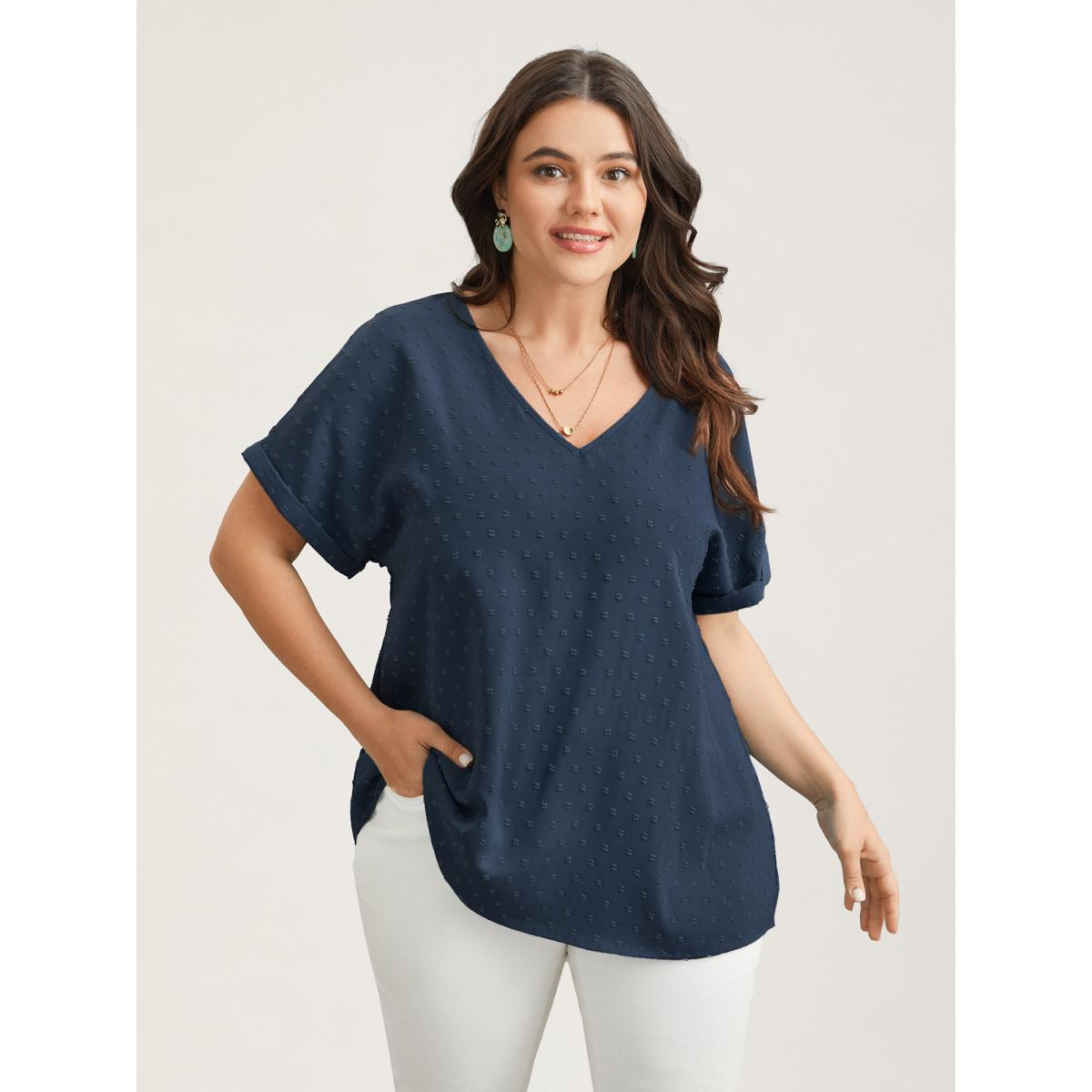 Plus Size Indigo Back-Button Textured V-Neck Shirt Women Timeless Short sleeve V-neck Elegant Blouses BloomChic 18-20/2X Product Image