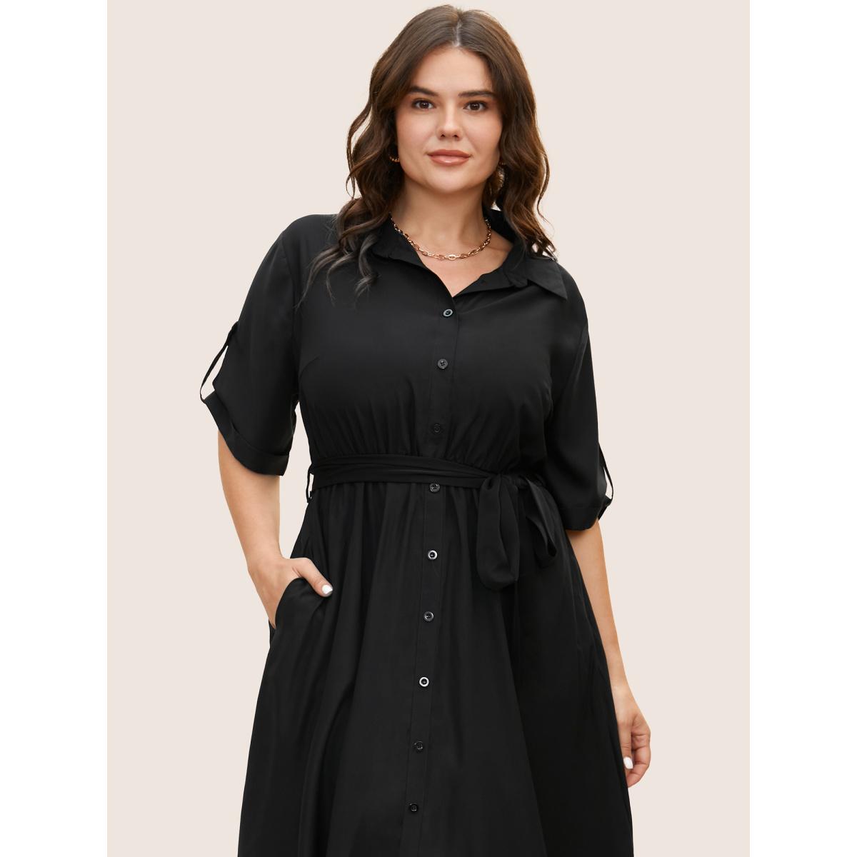 Plus Size Shirt Collar Tab Sleeve Split Hem Dress Black Women Office Belted Shirt collar Half Sleeve Curvy BloomChic 28/5X Product Image
