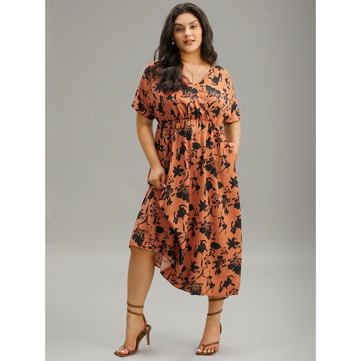 Plus Size Silhouette Floral Print Surplice Neck Elastic Waist Dress Chocolate Women Elegant Wrap V-neck Short sleeve Curvy Midi Dress BloomChic 10/M Product Image