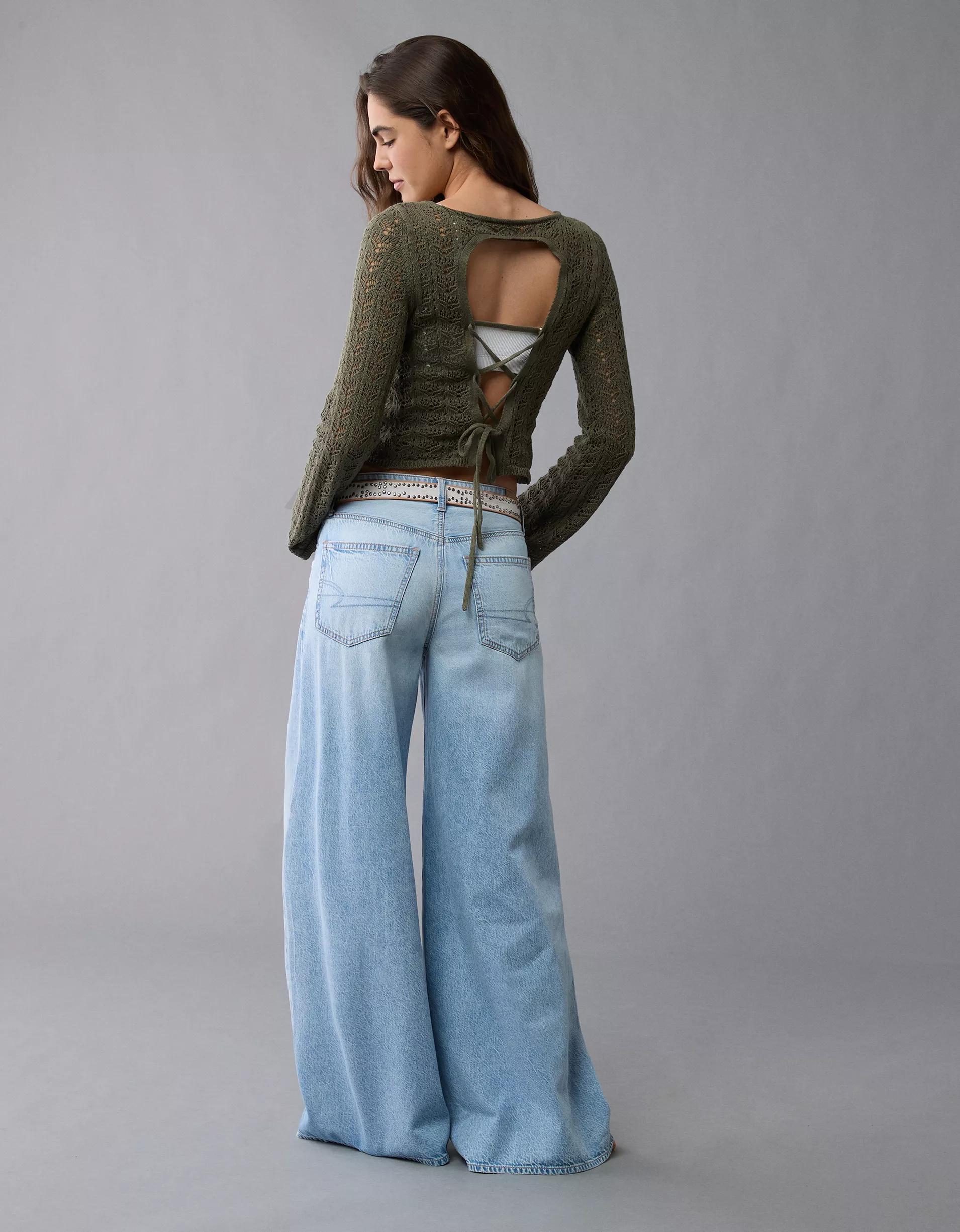 AE Lace-Up Back Crochet Sweater Product Image