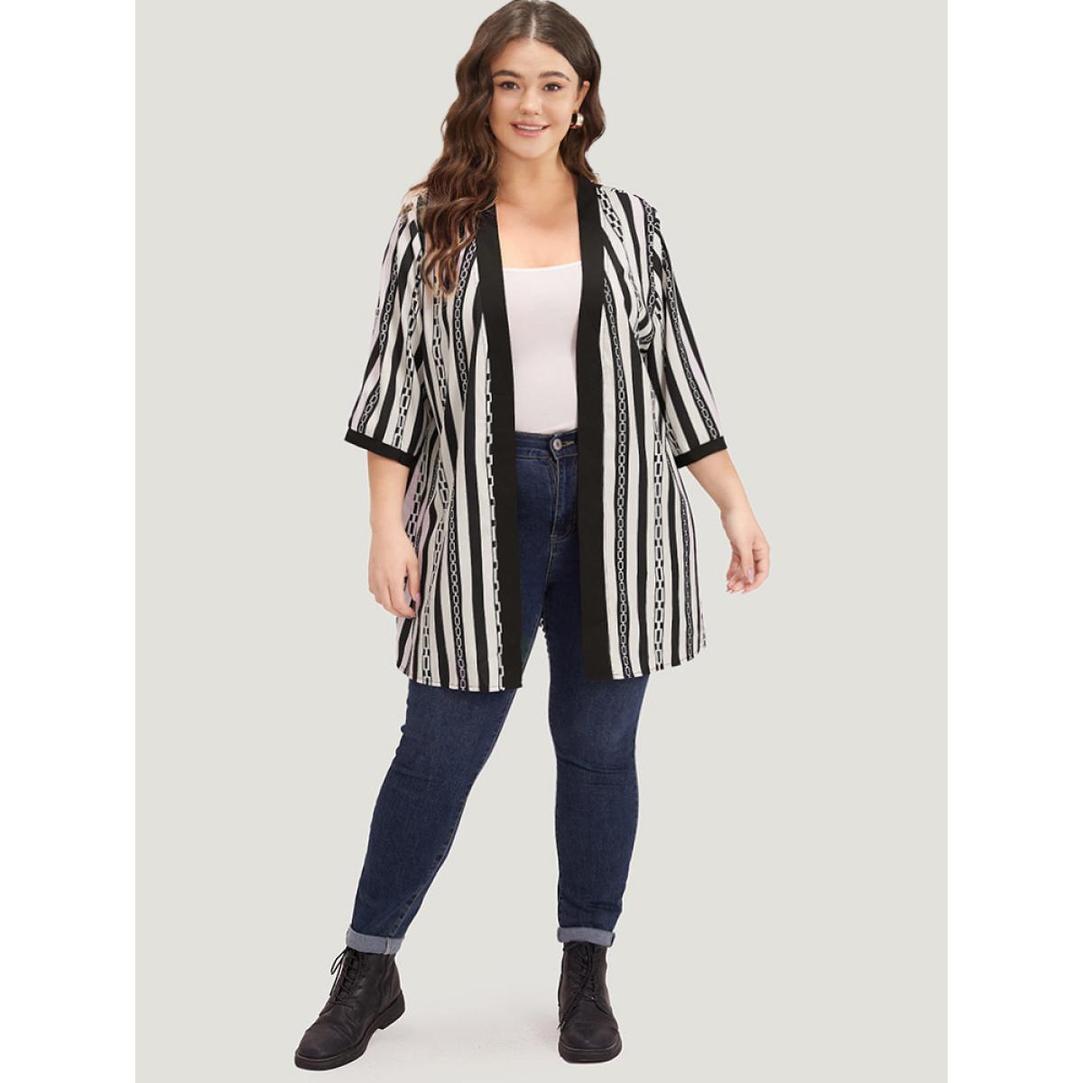 Plus Size Striped Patchwork Contrast Open Front Kimono Women Black Casual Contrast Loose Dailywear Kimonos BloomChic 26/4X Product Image