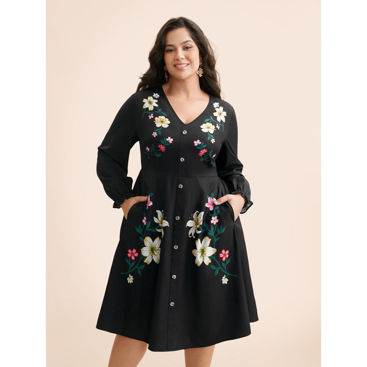 Plus Size V Neck Floral Button Detail Dress Black Women Elegant Button V-neck Long Sleeve Curvy BloomChic 18-20/2X Product Image