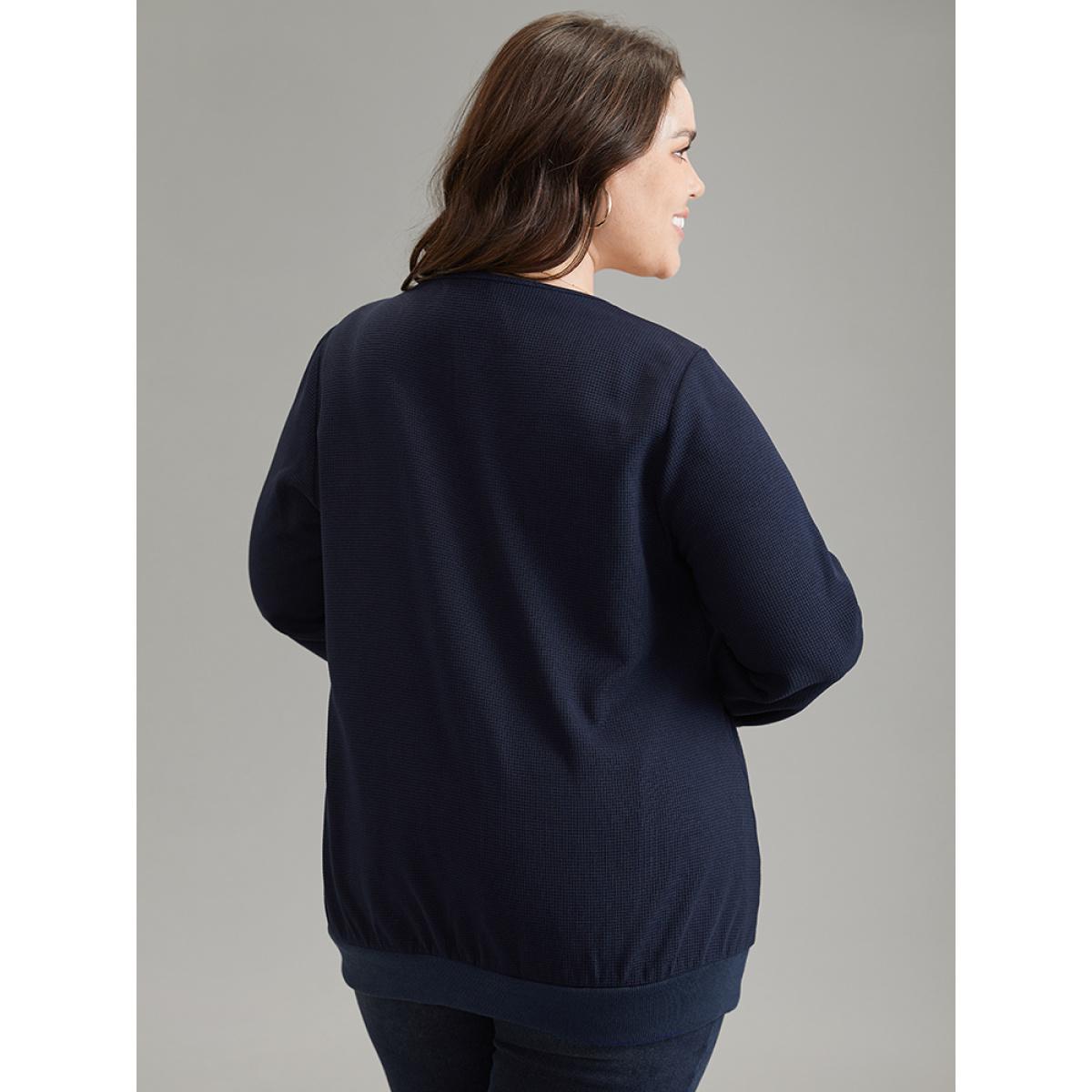 Plus Size Patchwork Lace Panel V Neck Waffle Knit Sweatshirt Women Blue Elegant Rib Knit V-neck Dailywear Sweatshirts BloomChic 12/L Product Image