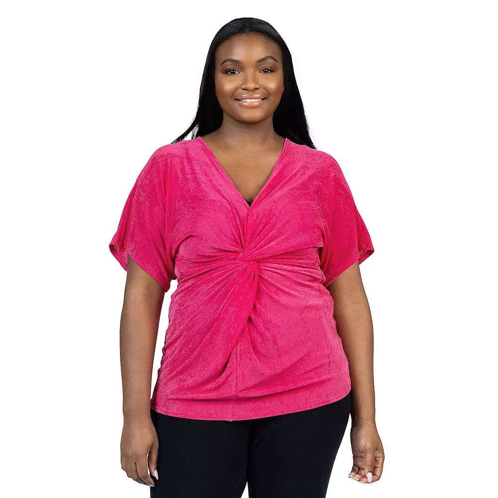 Plus Size 24Seven Comfort Apparel Twist Front Short Dolman Sleeve Top, Women's, Size: 2XL, Pink Product Image