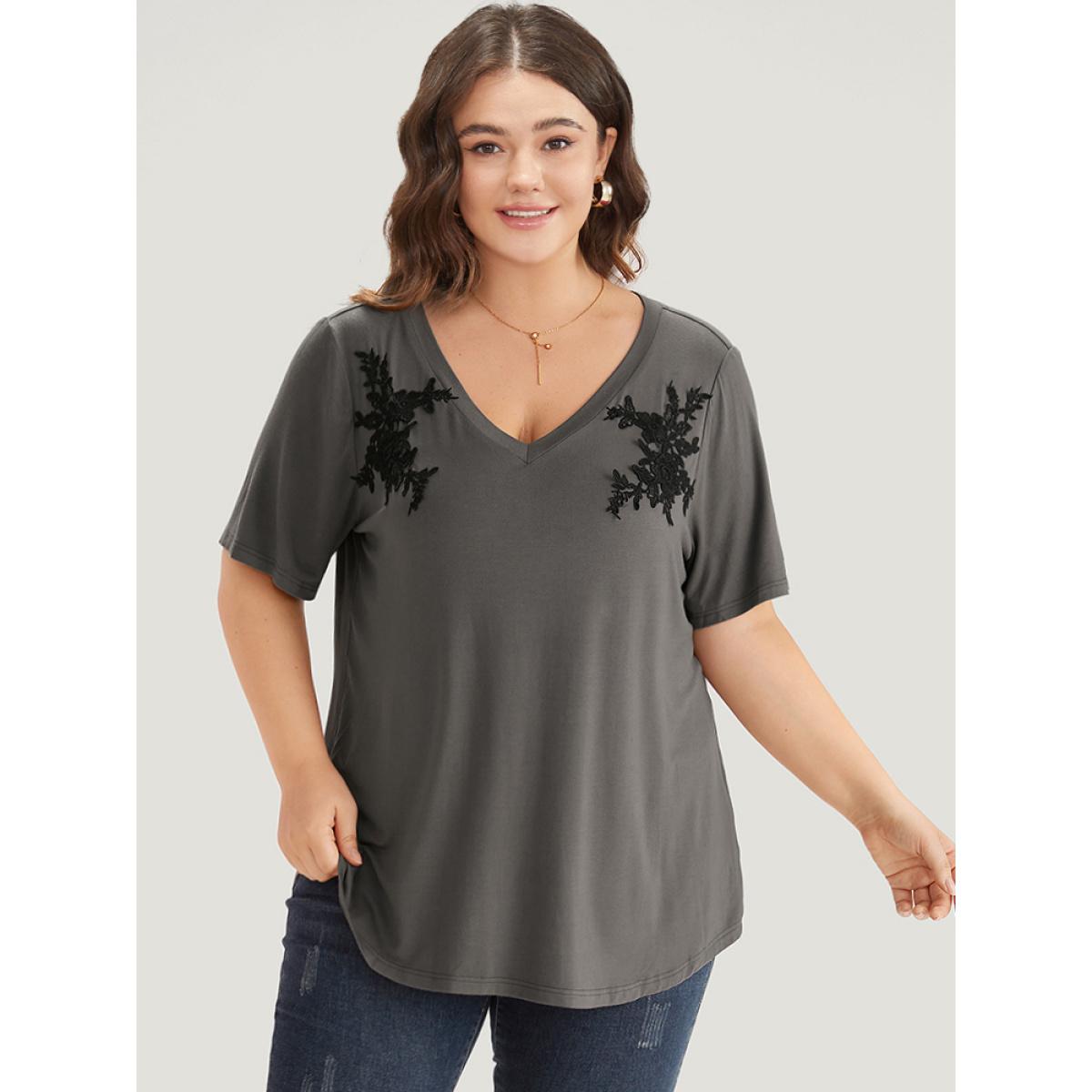 Plus Size Supersoft Essentials Floral V Neck Short Sleeve T-shirt DimGray Women Elegant Embroidered Silhouette Floral Print V-neck Dailywear T-shirts BloomChic 14-16/1X Product Image