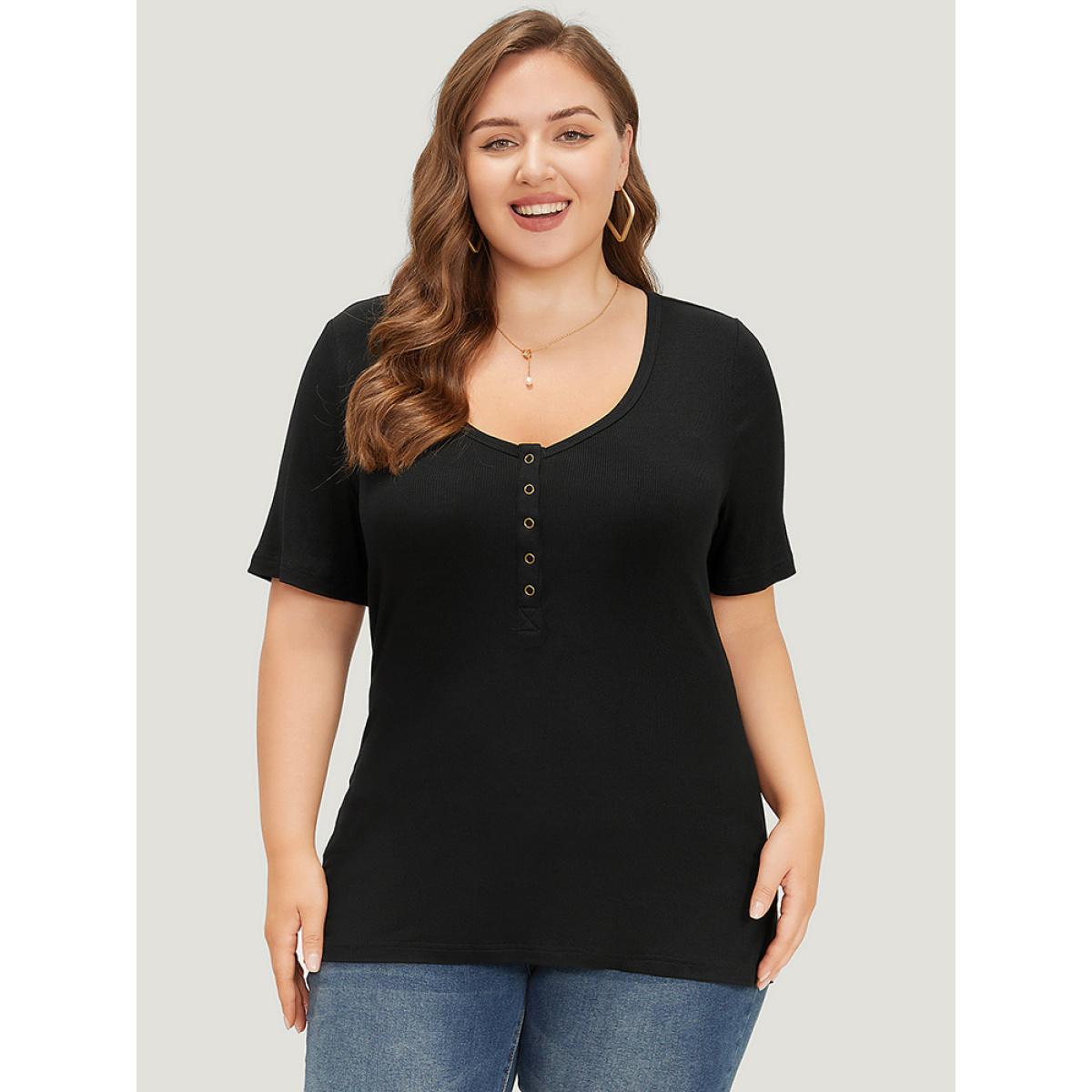 Plus Size Plain Scoop Neck Button Through Rib Knit T-shirt Black Women Casual Button Plain Scoop Neck Skinny Dailywear T-shirts BloomChic 10/M Product Image