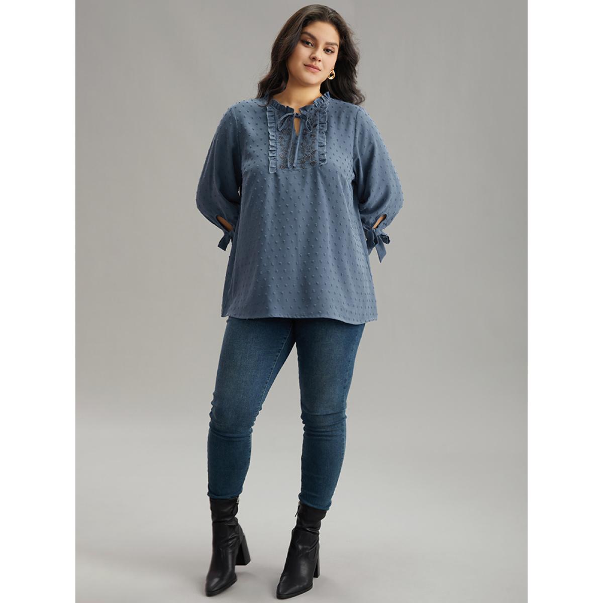 Plus Size Stone Textured Embroidered Frill Trim Tie Neck Blouse Women Vacation Long Sleeve Tie Neck Dailywear Blouses BloomChic 28/5X Product Image
