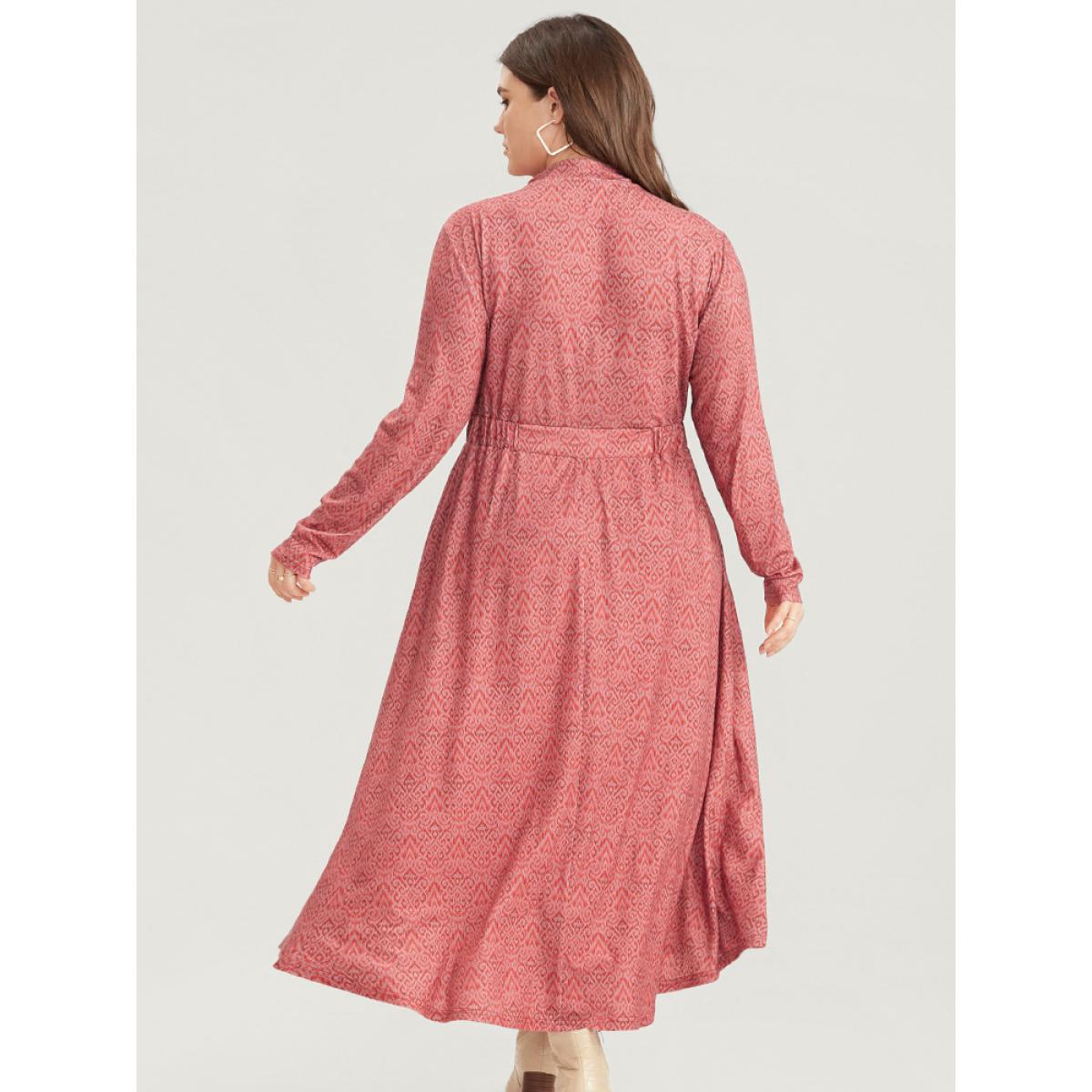 Plus Size Bandana Print Mock Neck Pocket Ruffle Hem Dress Scarlet Women Elegant Elastic Waist Mock Neck Long Sleeve Curvy Midi Dress BloomChic 10/M Product Image