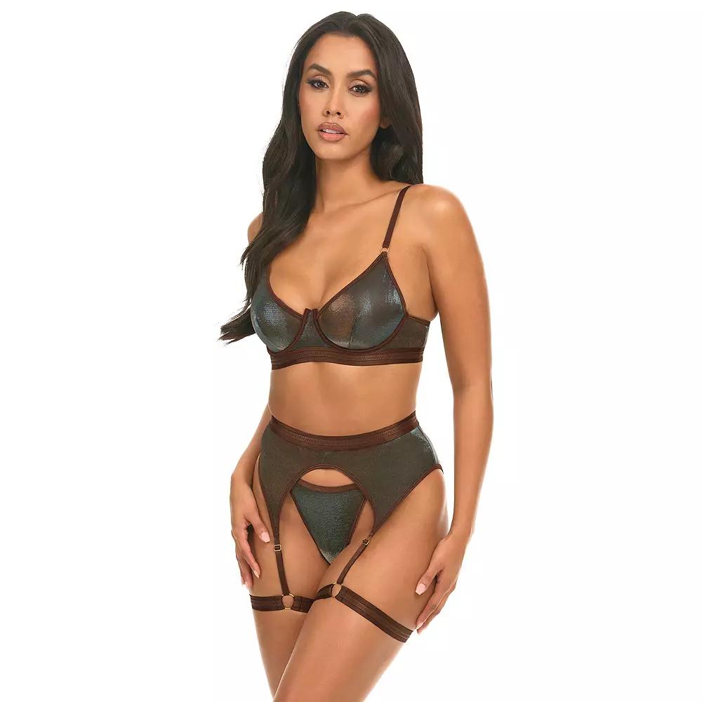 Women's Oh La La Cheri Jade 3-pc. Bra, Panty & Garter Belt Lingerie Set 41-11378, Size: Medium, Brown Product Image