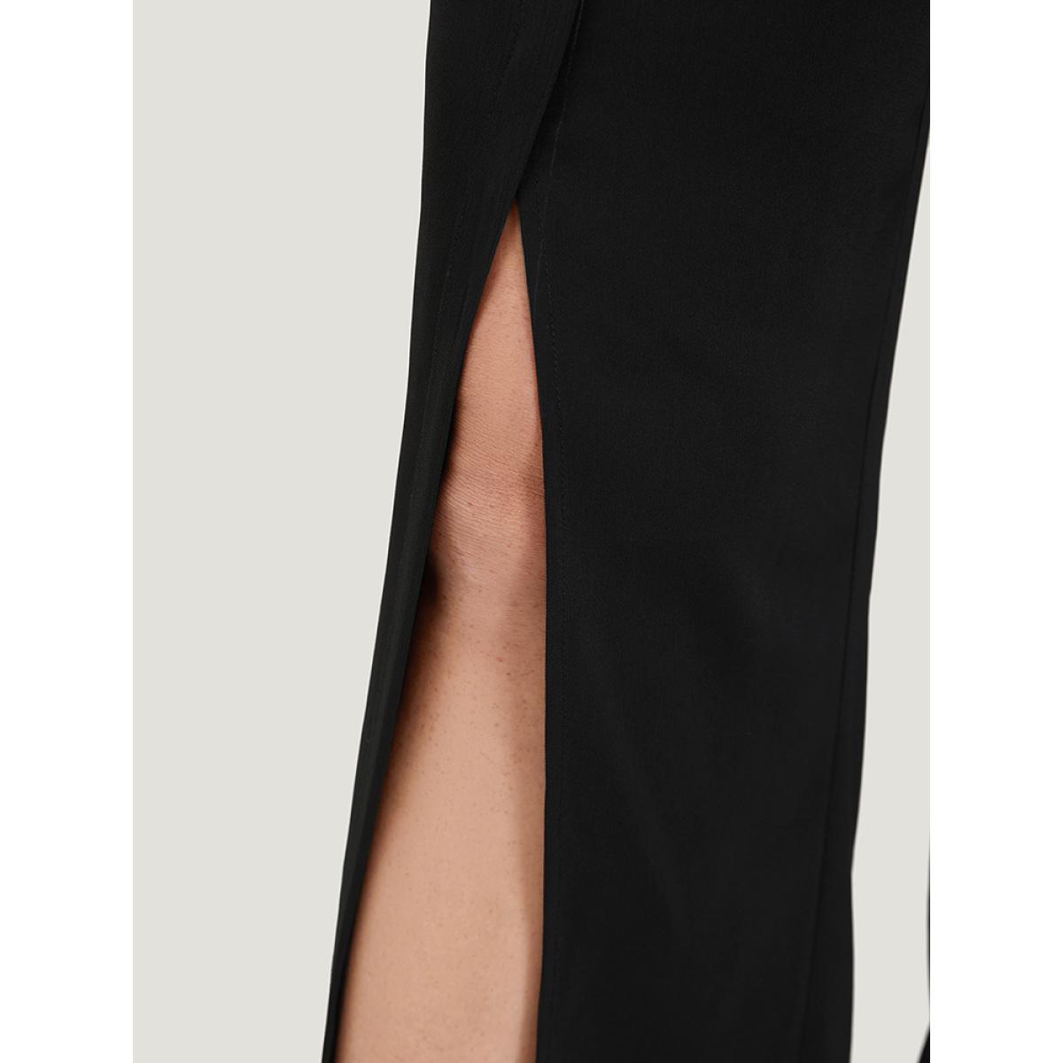 Plus Size Solid Button Detail Pocket Wrap Hem Pants Women Black Elegant Straight Leg High Rise Dailywear Pants BloomChic 26/4X Product Image