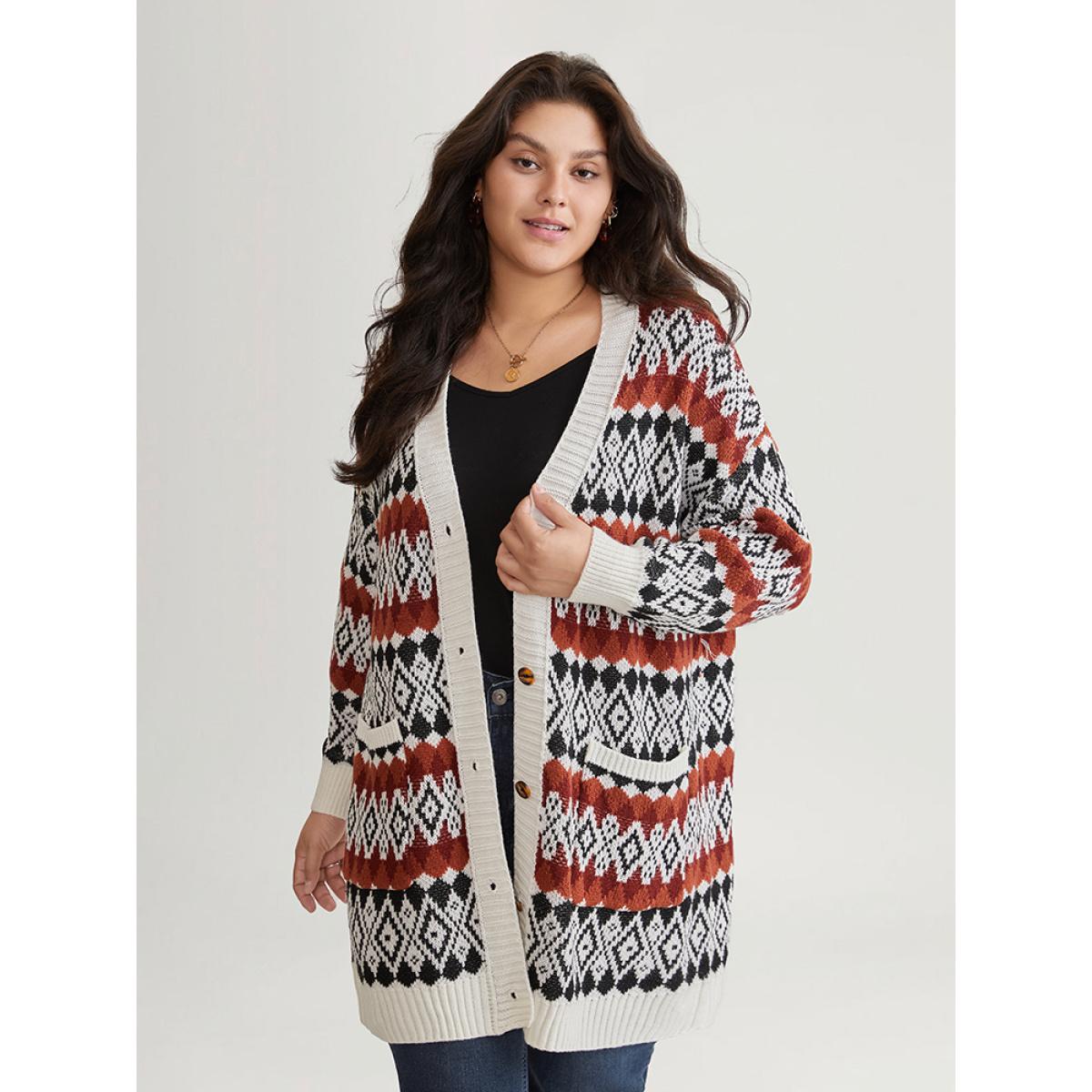 Plus Size Geometric Jacquard Pocket Button Up Cardigan Chocolate Women Casual Loose Long Sleeve Dailywear Cardigans BloomChic 12/L Product Image