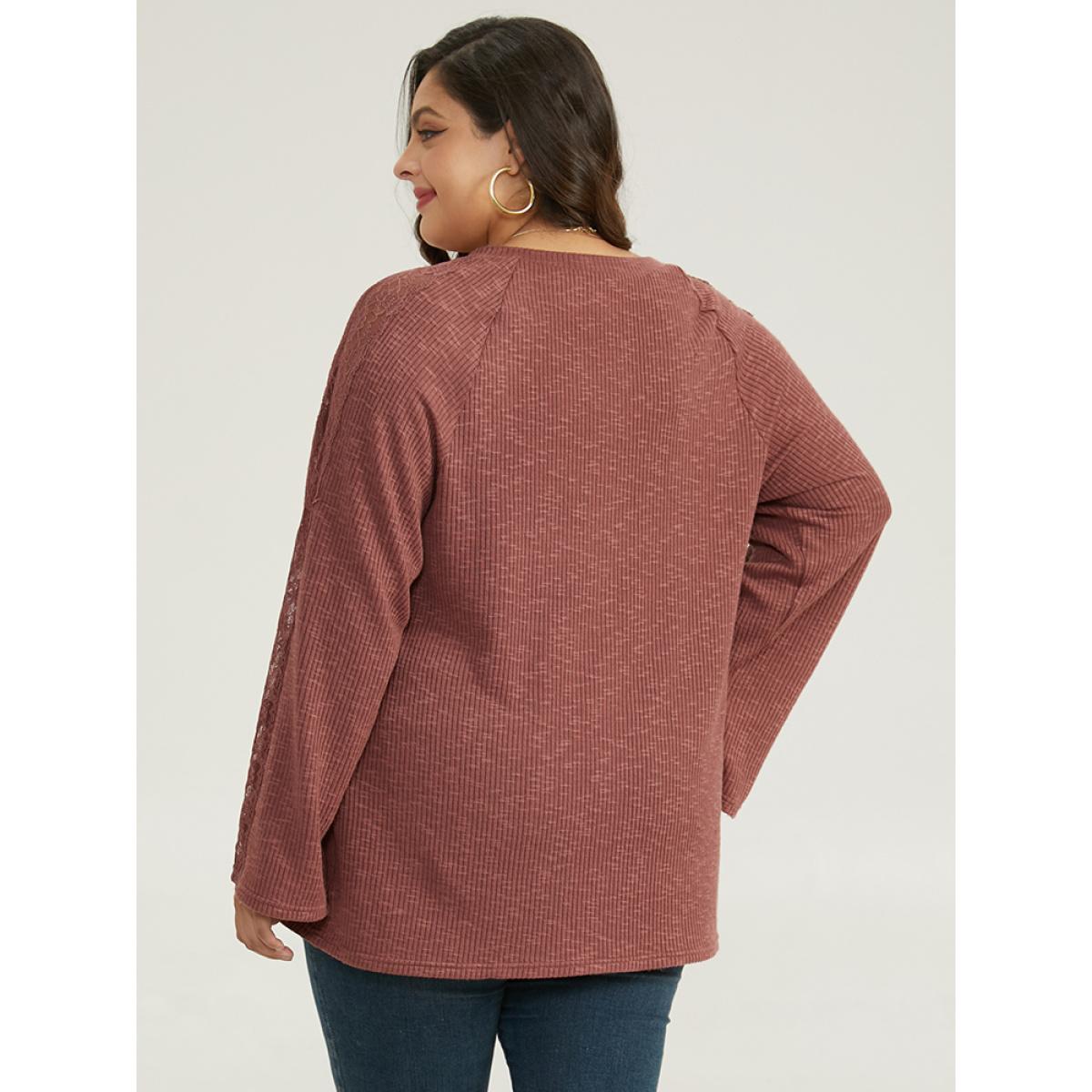 Plus Size Rib Knit Lace Panel Raglan Sleeve T-shirt DustyPink Women Elegant Texture Plain V-neck Dailywear T-shirts BloomChic 28/5X Product Image