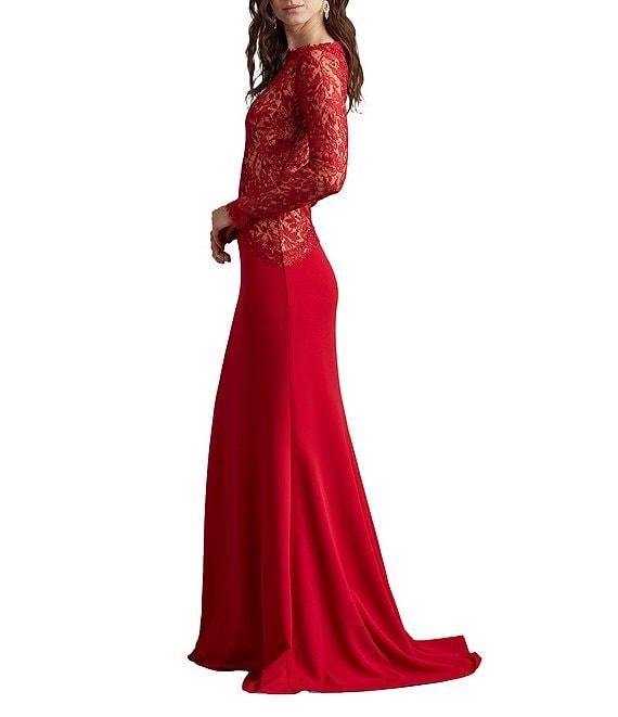 Tadashi Shoji Long Sleeve Asymmetrical Lace Crepe Gown Product Image
