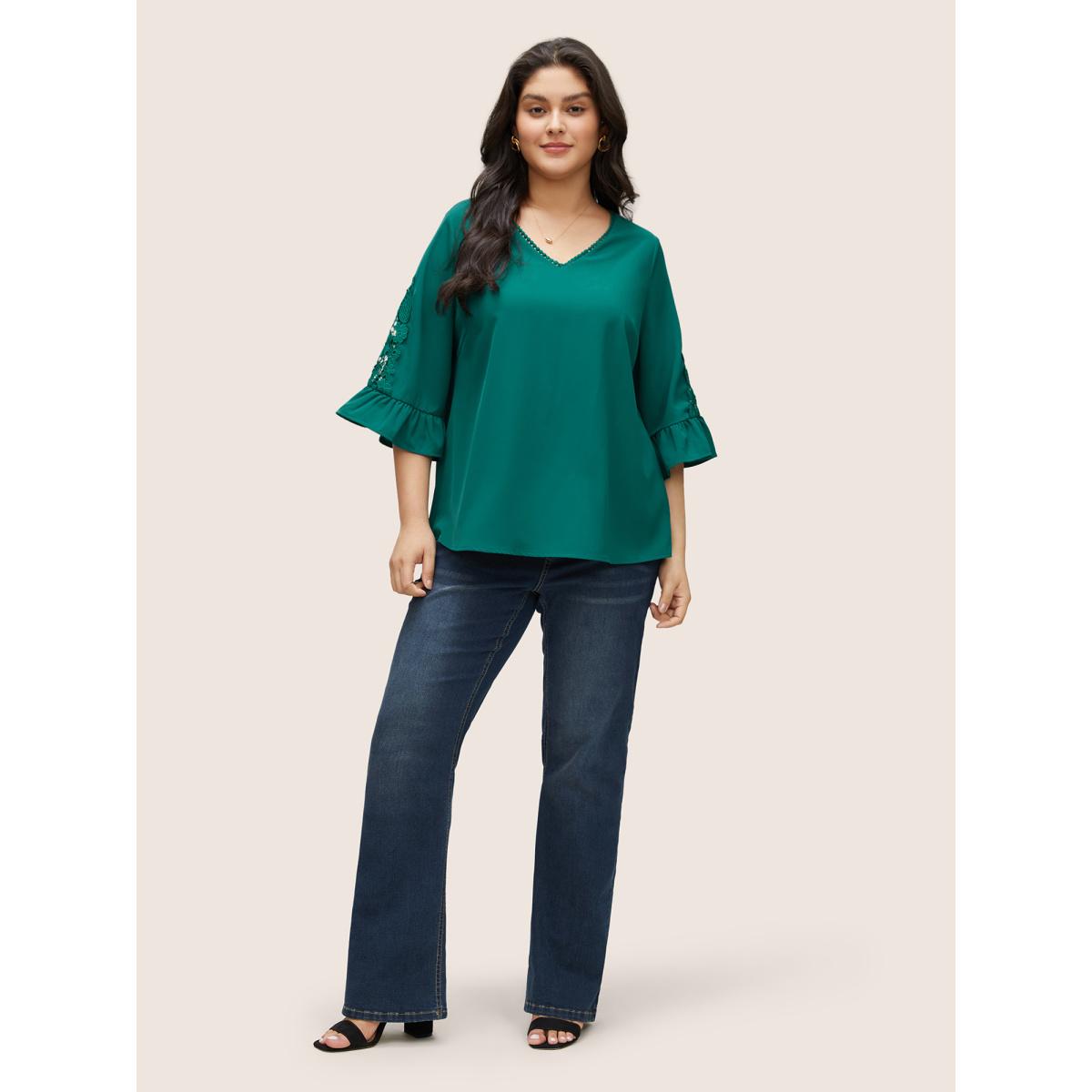 Plus Size Emerald Solid Guipure Lace Patchwork Ruffles Blouse Women Elegant Elbow-length sleeve V-neck Everyday Blouses BloomChic 18-20/2X Product Image