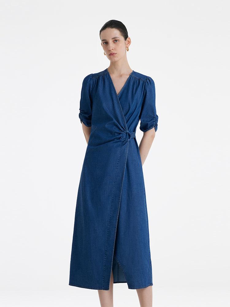 Denim V-Neck Twist Waist Women Midi Dress Product Image