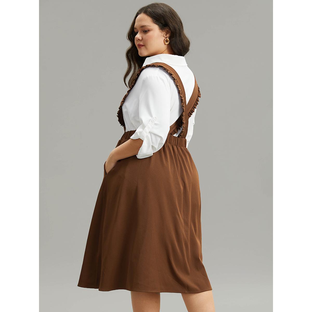Plus Size Elastic Waist Button Detail Frill Trim Overall Skirt Women Rust At the Office Plain No stretch Pocket Office Skirts BloomChic 12/L Product Image