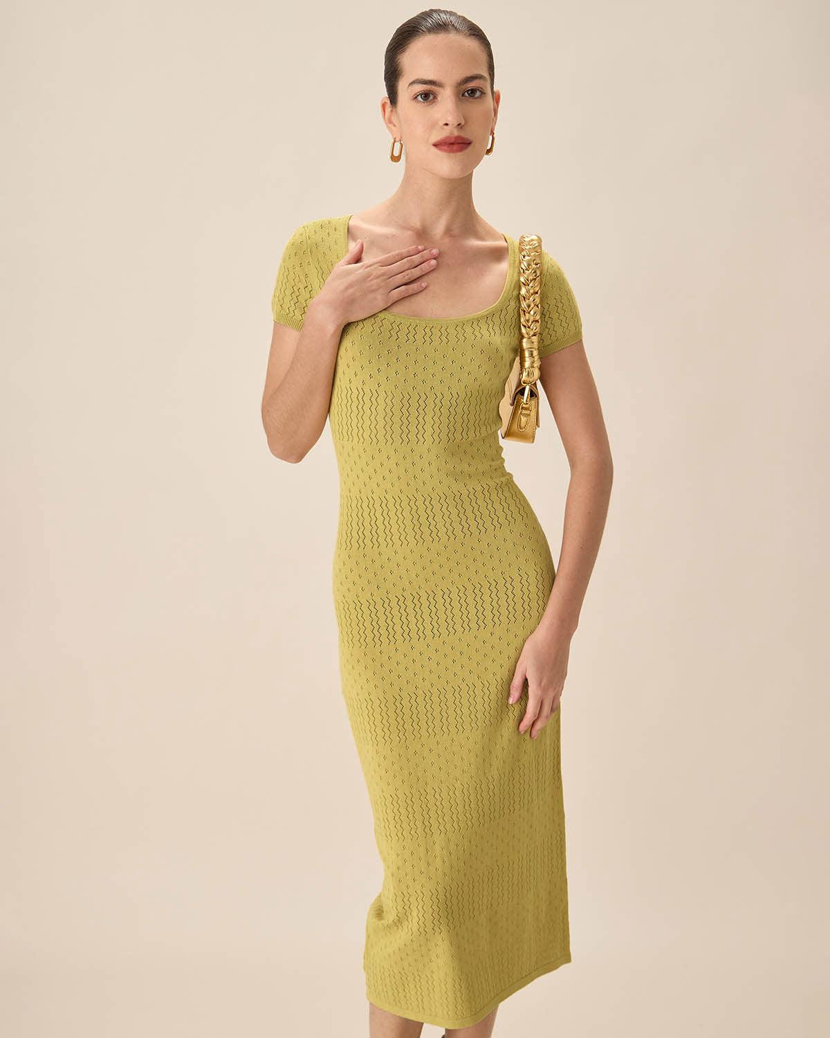 Green Square Neck Bodycon Midi Dress Product Image
