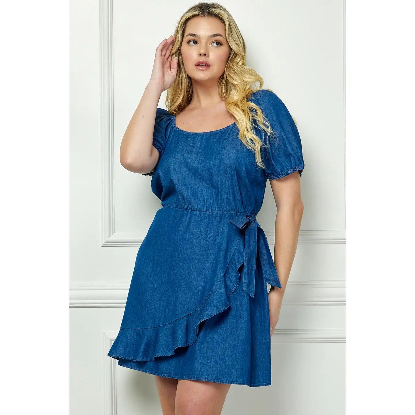 Plus Size Square Neck Wrap Bubble Sleeve Dress Product Image