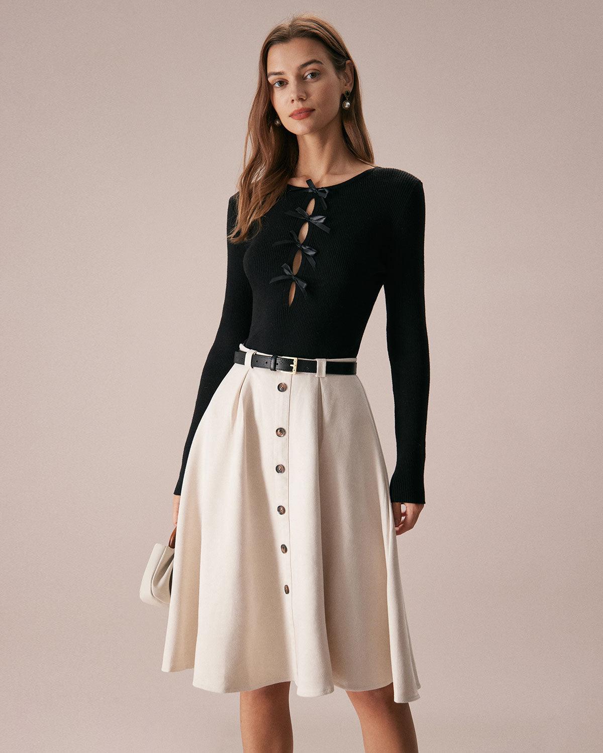 The Black Boat Neck Bowknot Front Knit Top Product Image