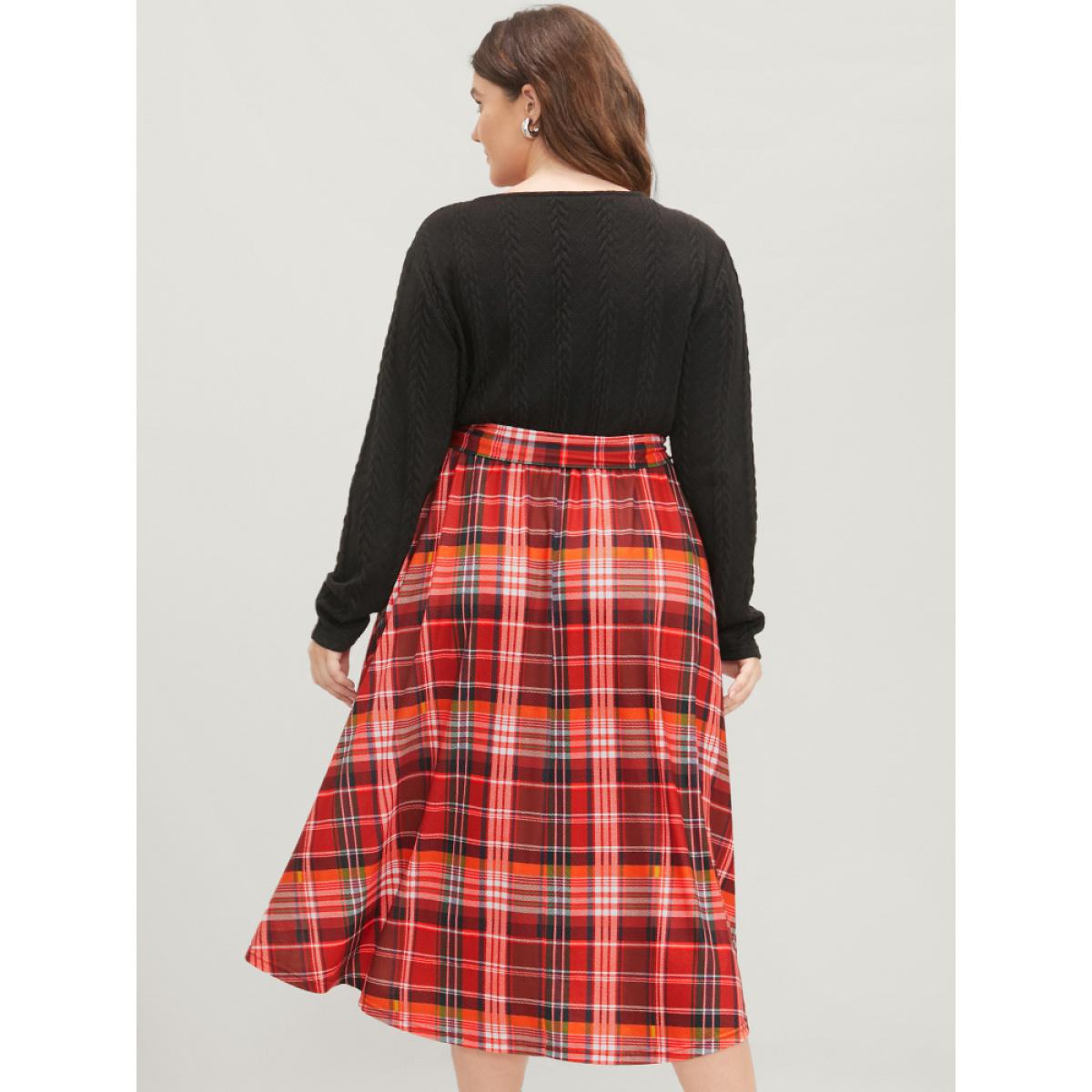 Plus Size Plaid Patchwork Pocket Cable Knit Belted Surplice Neck Dress Black Women Elegant Patchwork V-neck Long Sleeve Curvy Midi Dress BloomChic 30/6X Product Image