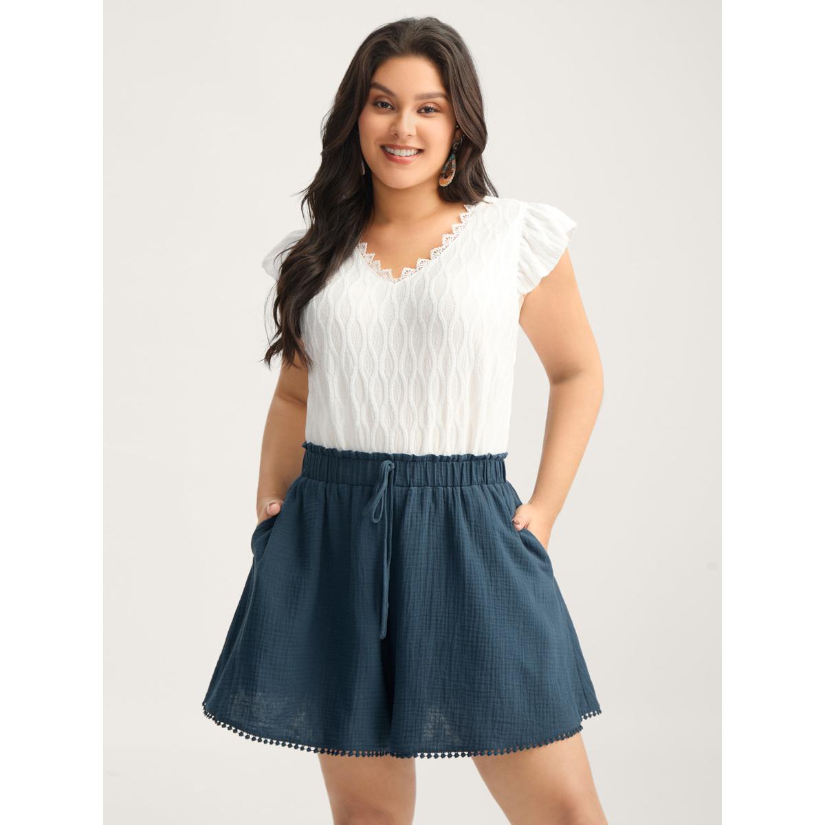 Plus Size Cotton Textured Waist Tie Wide-Leg Shorts Women Indigo Resort Drawstring Wide Leg Vacation Shorts BloomChic 30/6X Product Image