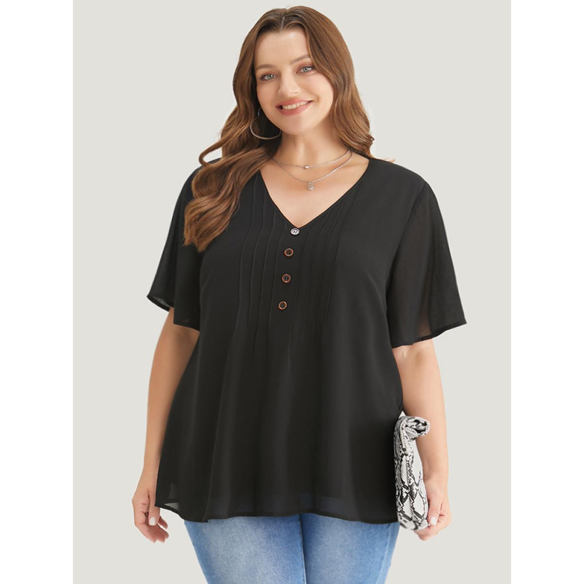 Plus Size Black Plain V Neck Mesh Ruffle Sleeve Button Detail Blouse Women Casual Short sleeve V-neck Office Blouses BloomChic 10/M Product Image