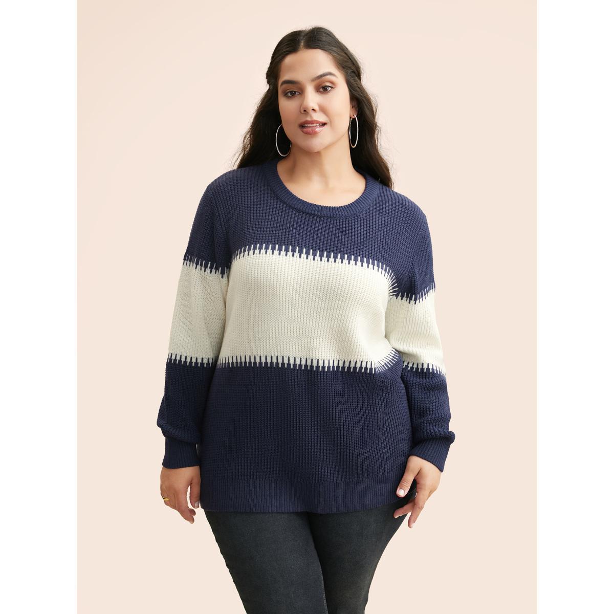 Plus Size Crew Neck Contrast Patchwork Pullover Indigo Women Leisure Loose Long Sleeve Round Neck Casual Pullovers BloomChic 12/L Product Image