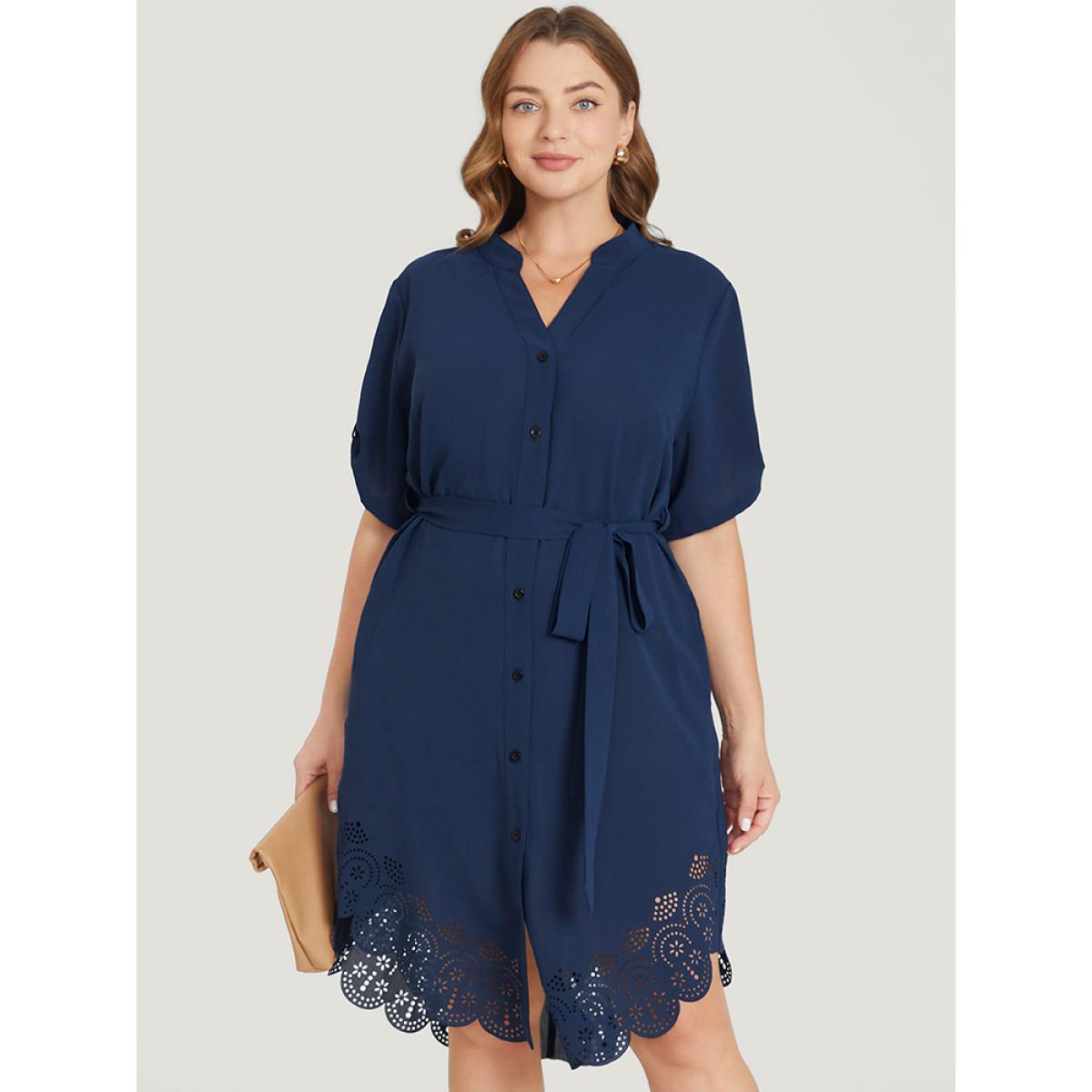 Plus Size Solid Cuffed Sleeve Button Up Belted Laser Cut Arc Hem Dress DarkBlue Women Office Belted Notched collar Short sleeve Curvy Knee Dress BloomChic 22-24/3X Product Image