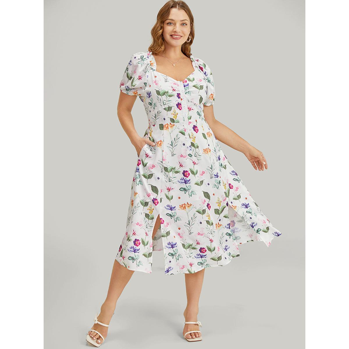 Plus Size Floral Split Hem Button Detail Pocket Ruched Puff Sleeve Dress Multicolor Women Elegant Ruched V-neck Short sleeve Curvy Midi Dress BloomChic 28/5X Product Image