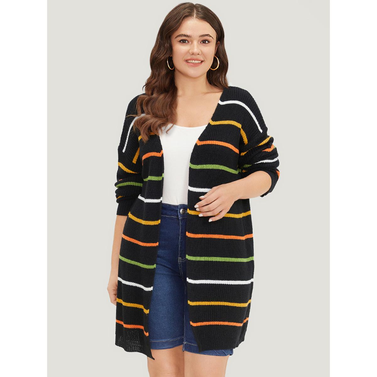 Plus Size Contrast Striped Open Front Loose Cardigan Black Women Casual Loose Long Sleeve Dailywear Cardigans BloomChic 18-20/2X Product Image