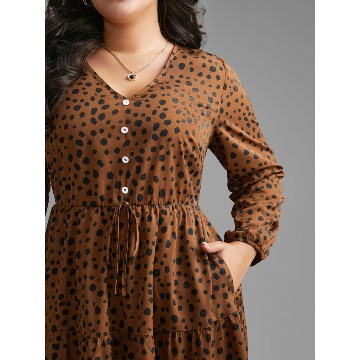 Plus Size Leopard Print Tie Knot Ruffle Layered Hem Dress Browncoffeecolor Women Elegant Tie knot V-neck Long Sleeve Curvy BloomChic 10/M Product Image