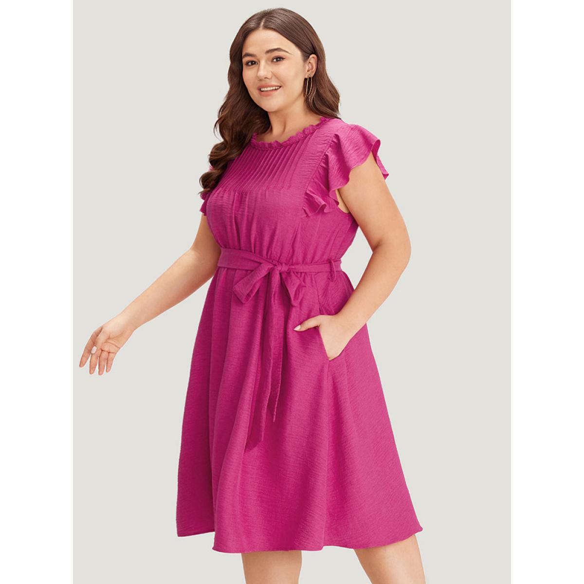 Plus Size Solid Pocket Lace Insert Pleated Flutter Sleeve Dress RedViolet Women Office Gathered Round Neck Sleeveless Curvy Knee Dress BloomChic 10/M Product Image
