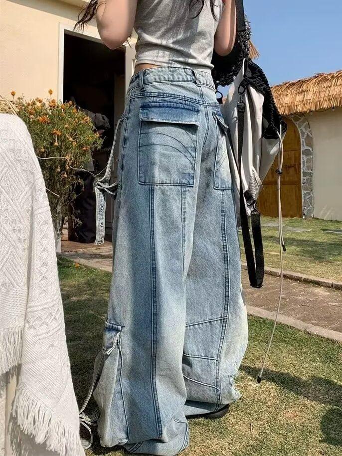 High Rise Washed Cargo Baggy Jeans Product Image
