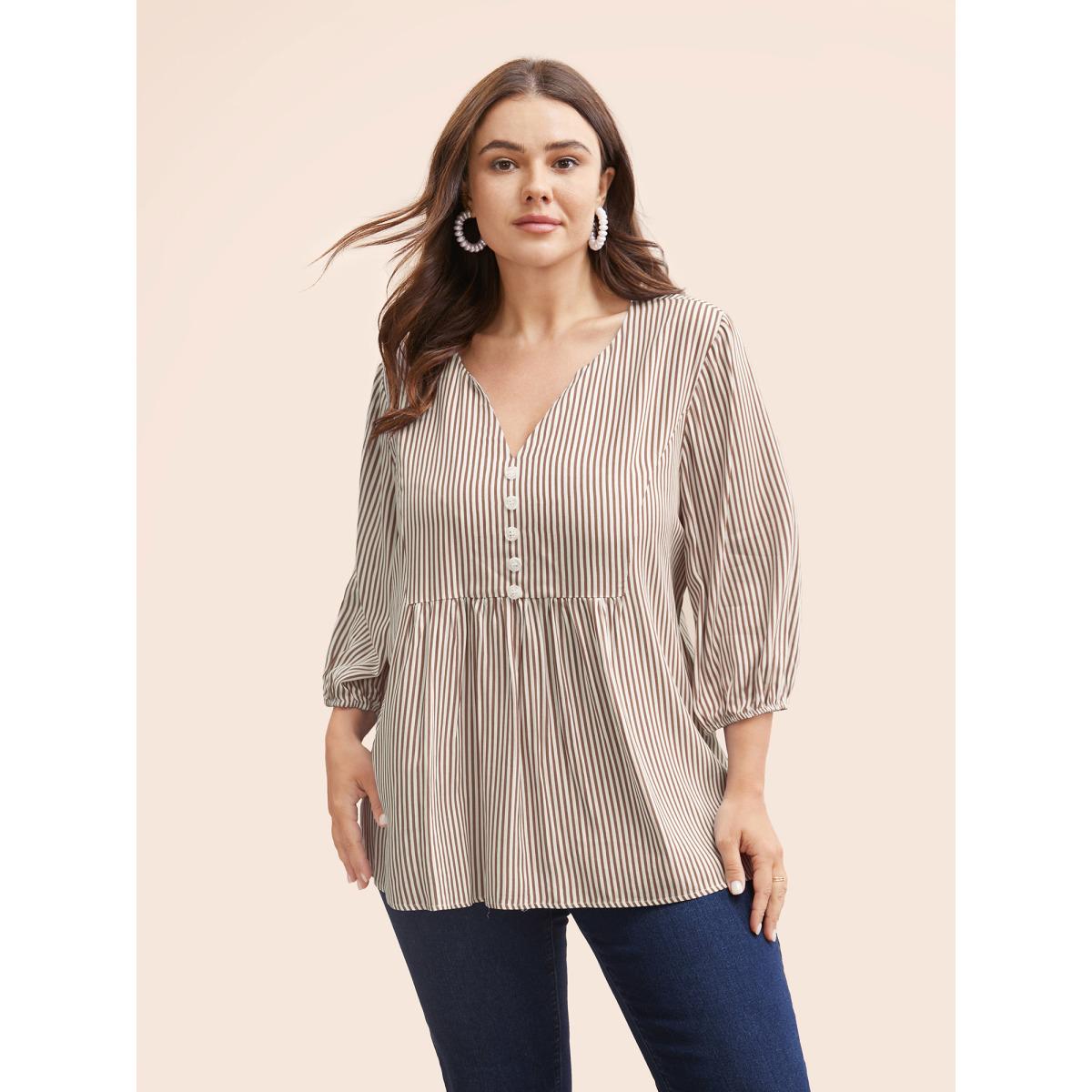 Plus Size LightBrown Striped Gathered Button Detail Lantern Sleeve Blouse Women Elegant Elbow-length sleeve V-neck Everyday Blouses BloomChic 18-20/2X Product Image