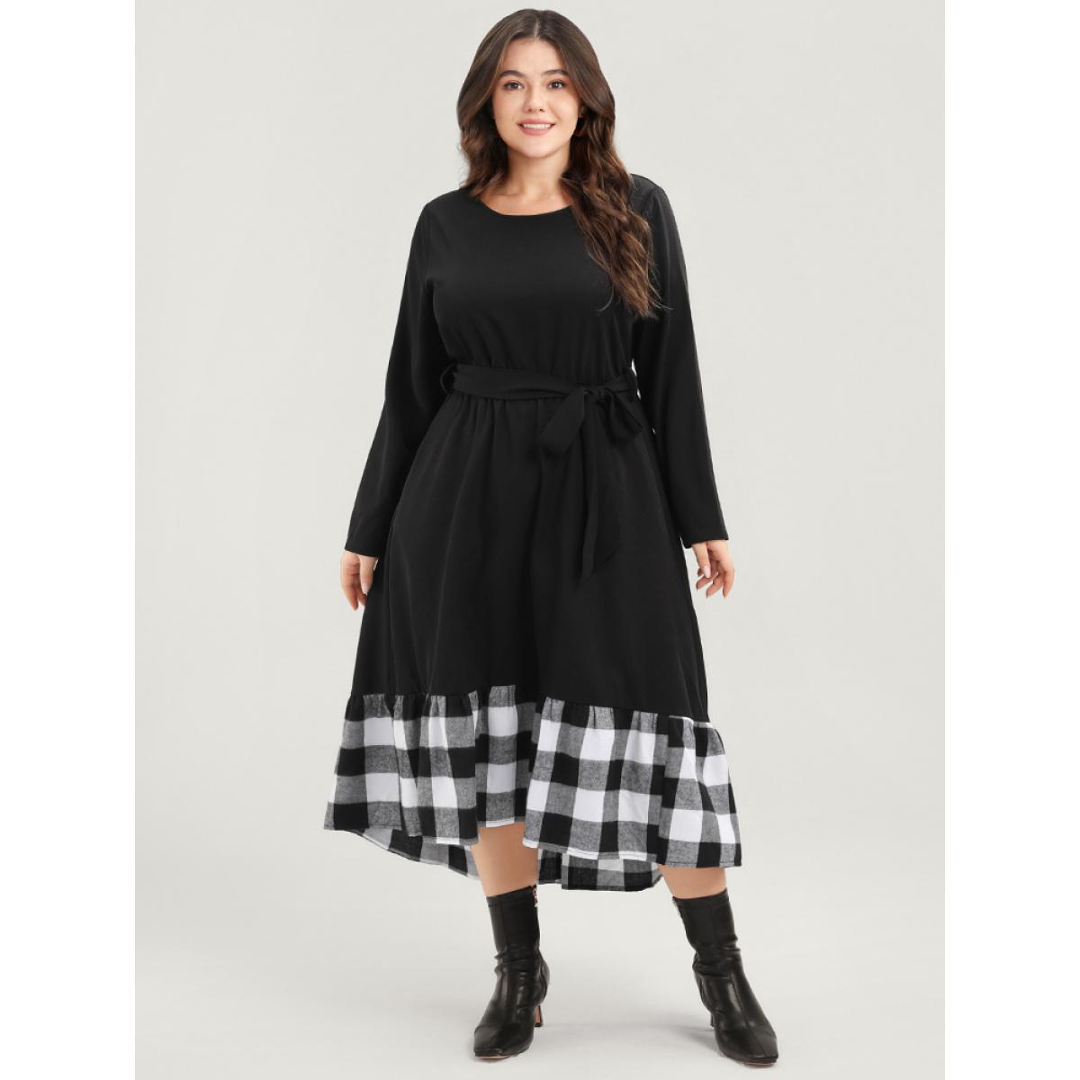 Plus Size Plaid Patchwork Pocket Belted Asymmetrical Hem Dress Black Women Elegant Belted Round Neck Long Sleeve Curvy Midi Dress BloomChic 30/6X Product Image