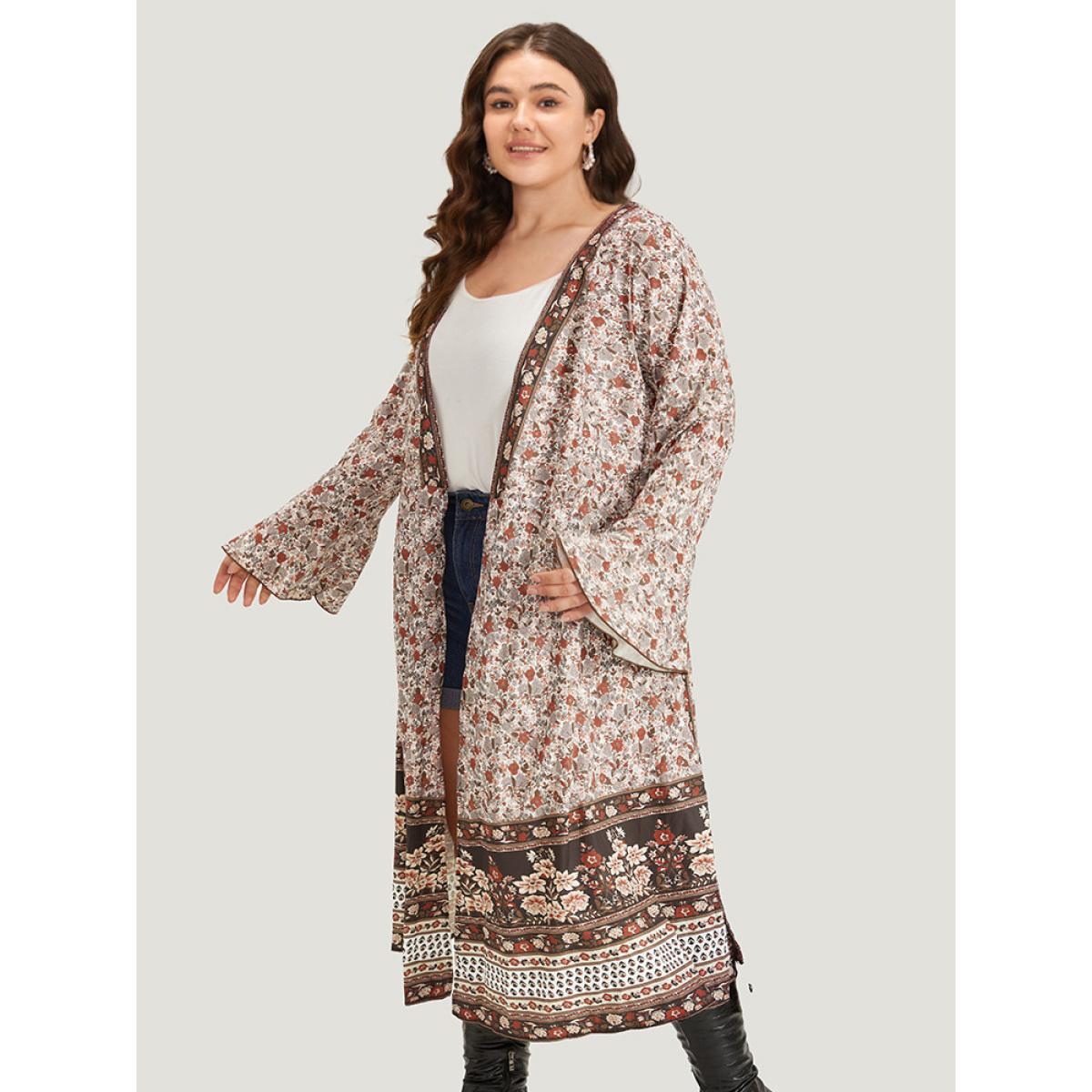 Plus Size Bandana Print Belted Open Front Bell Sleeve Kimono Women Maroon Resort Belted Loose Belt Vacation Kimonos BloomChic 12/L Product Image