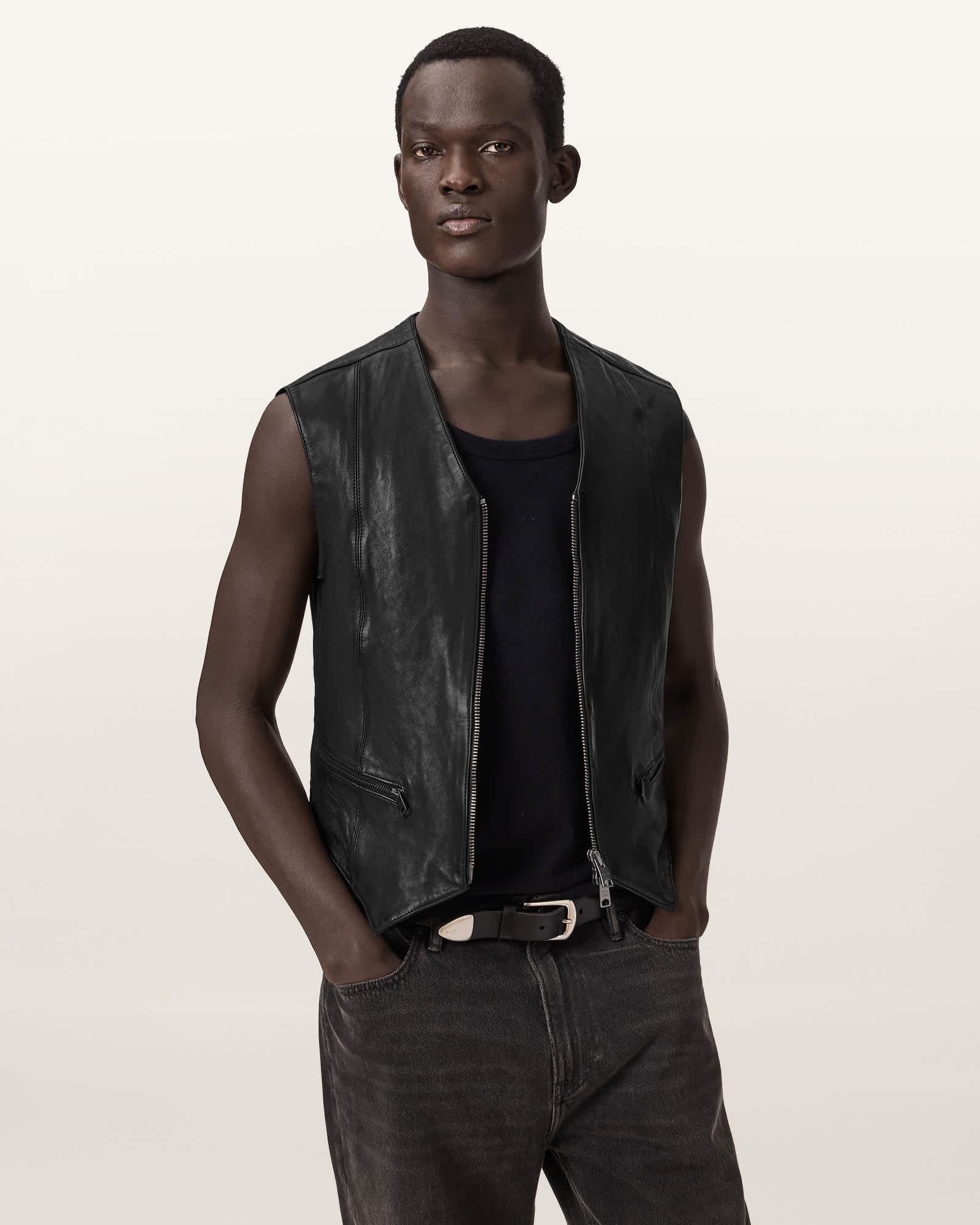 Davies Leather Vest Black | ALLSAINTS US Product Image