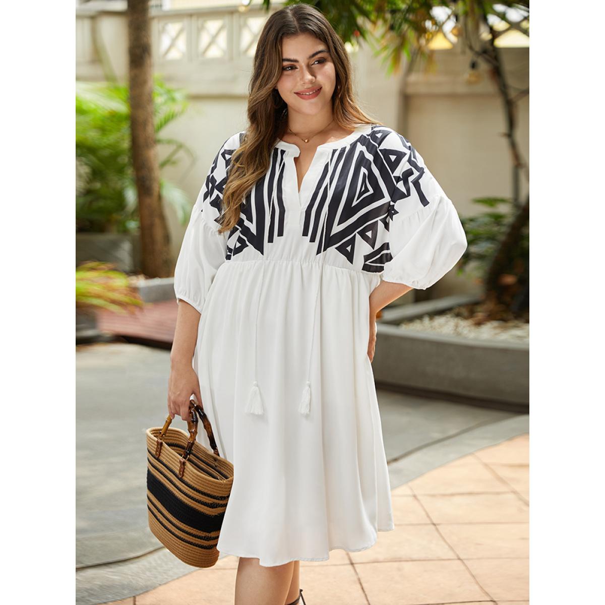 Plus Size Geometric Print Notched Ties Tassels Elastic Cuffs Dress White Women Vacation Elastic cuffs Notched collar Elbow-length sleeve Curvy Midi Dress BloomChic 30/6X Product Image
