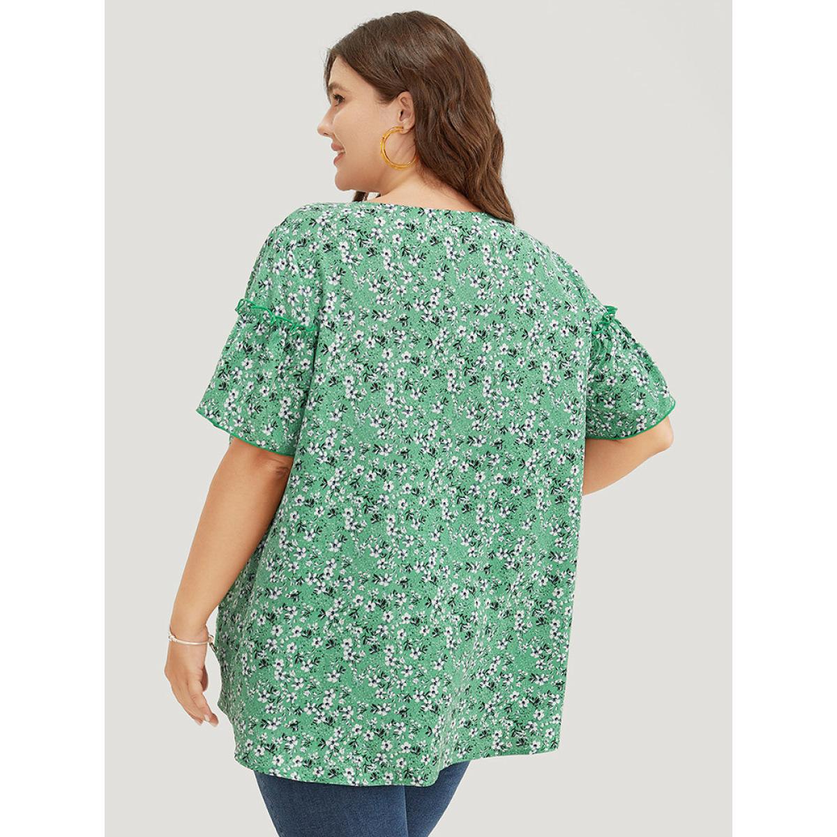 Plus Size Mint Ditsy Floral Frill Trim Gathered Ruffle Sleeve Blouse Women Elegant Short sleeve Round Neck Dailywear Blouses BloomChic 12/L Product Image