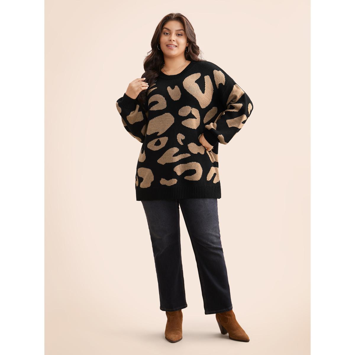 Plus Size Leopard Print Drop Shoulder Sleeve Pullover Black Women Leisure Loose Long Sleeve Round Neck Casual Pullovers BloomChic 22-24/3X Product Image