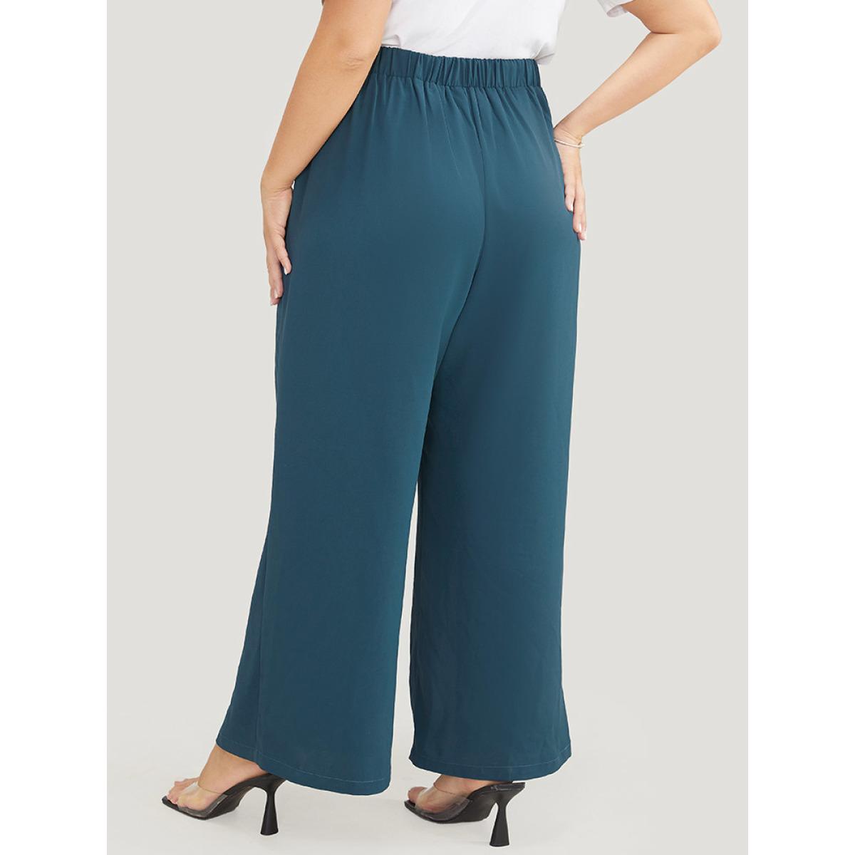 Plus Size Split Hem Elastic Waist Pocket Pants Women Cyan Office Mid Rise Office Pants BloomChic 28/5X Product Image