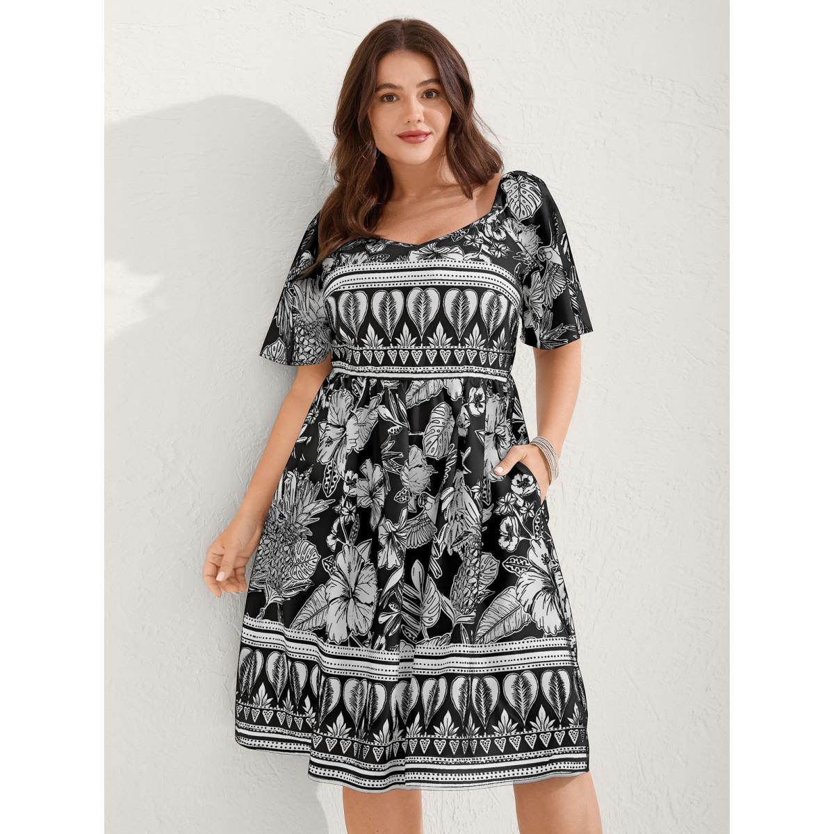 Plus Size Boho Print Fit Flare Pockets Midi Dress Black Women Resort Non Heart neckline Short sleeve Curvy BloomChic 22-24/3X Product Image
