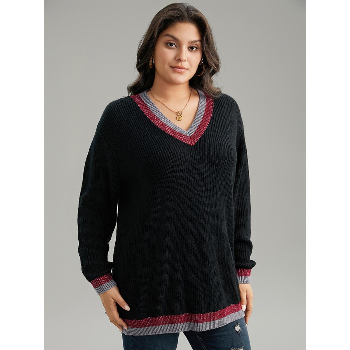 Plus Size Two Tone Trim V Neck Plisse Pullover Black Women Casual Loose Long Sleeve V-neck Dailywear Pullovers BloomChic 14-16/1X Product Image