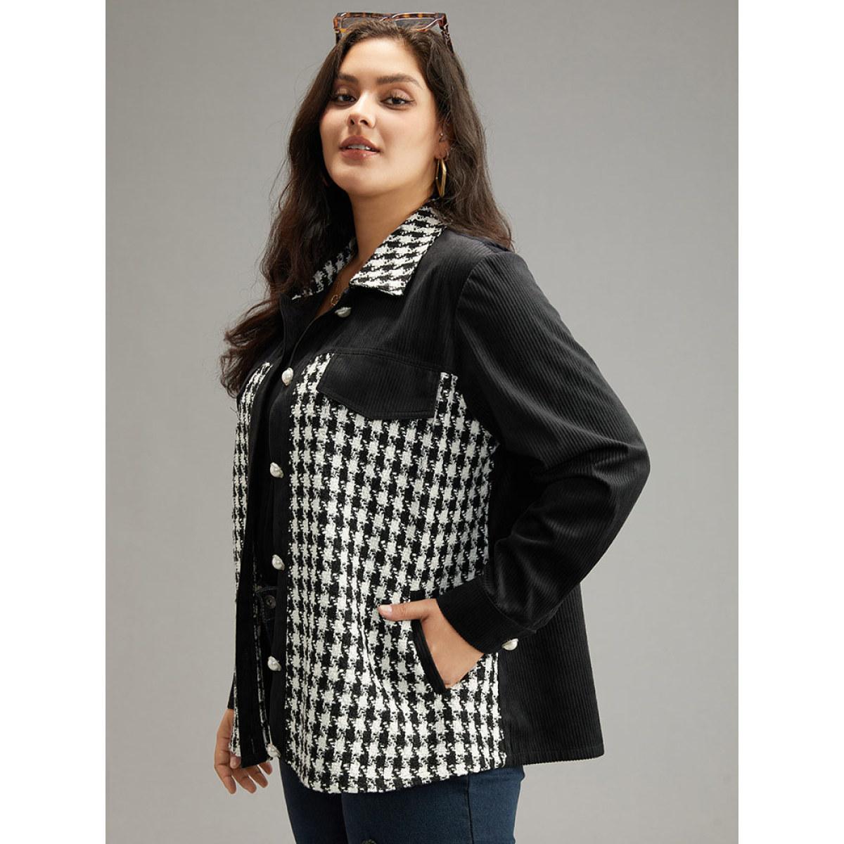Plus Size Tweed Gingham Button Up Patchwork Pocket Contrast Coat Women Black Casual Contrast Ladies Dailywear Winter Coats BloomChic 18-20/2X Product Image