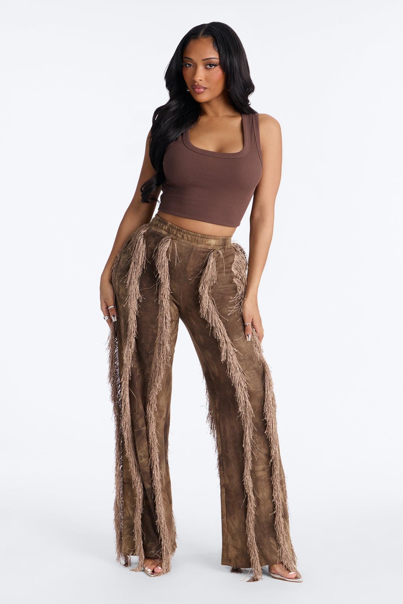 Show Me Something Fringe Wide Leg Pant 33″ - Brown Female Product Image